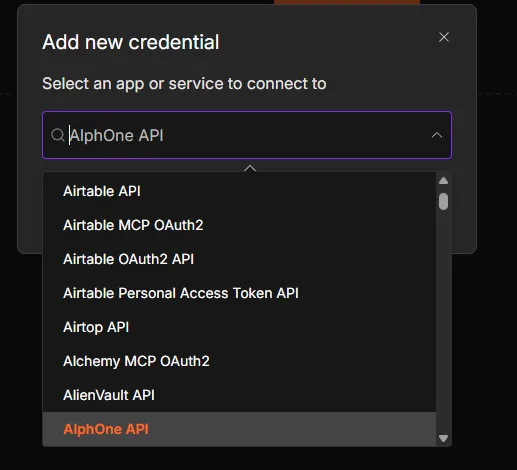 The Add new credential dialog with AlphOne API typed in the search field and highlighted in the results.
