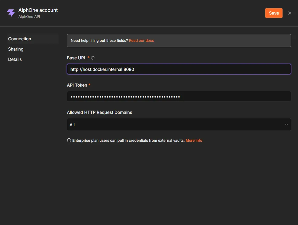 The AlphOne account credential form showing the Base URL set to host.docker.internal and the API token masked.