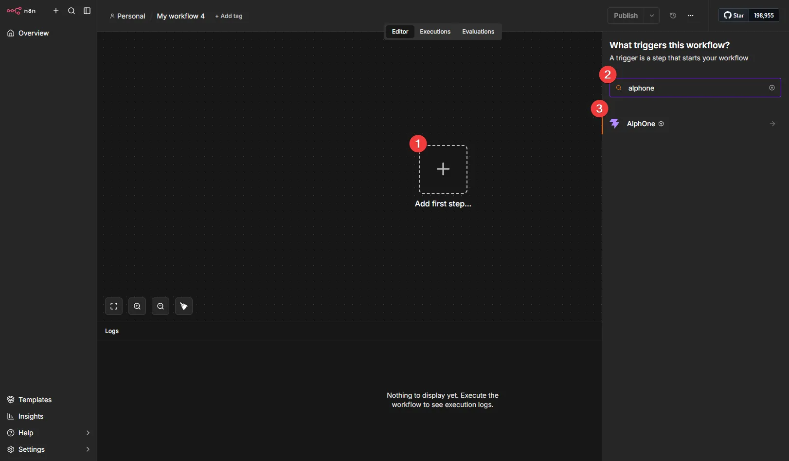 The empty workflow canvas with the Add first step panel open and alphone typed in the search field.