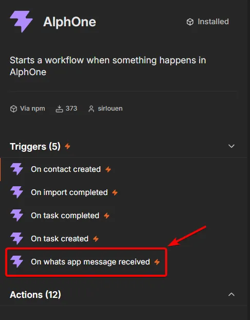 The AlphOne node panel listing one trigger per event, among them on whats app message received.