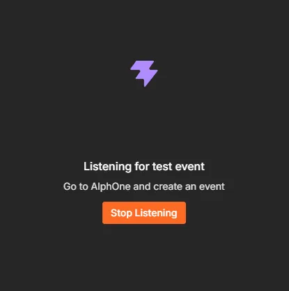The trigger waiting, showing Listening for test event and an instruction to create an event in AlphOne.