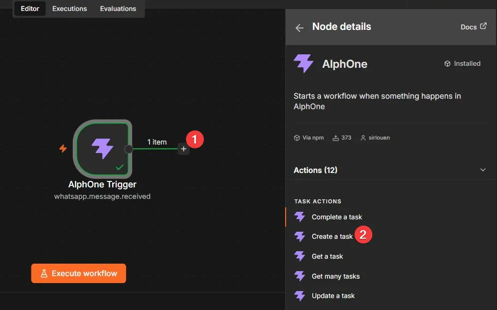 The workflow canvas with the trigger connected, and the node details panel listing the actions grouped by resource.