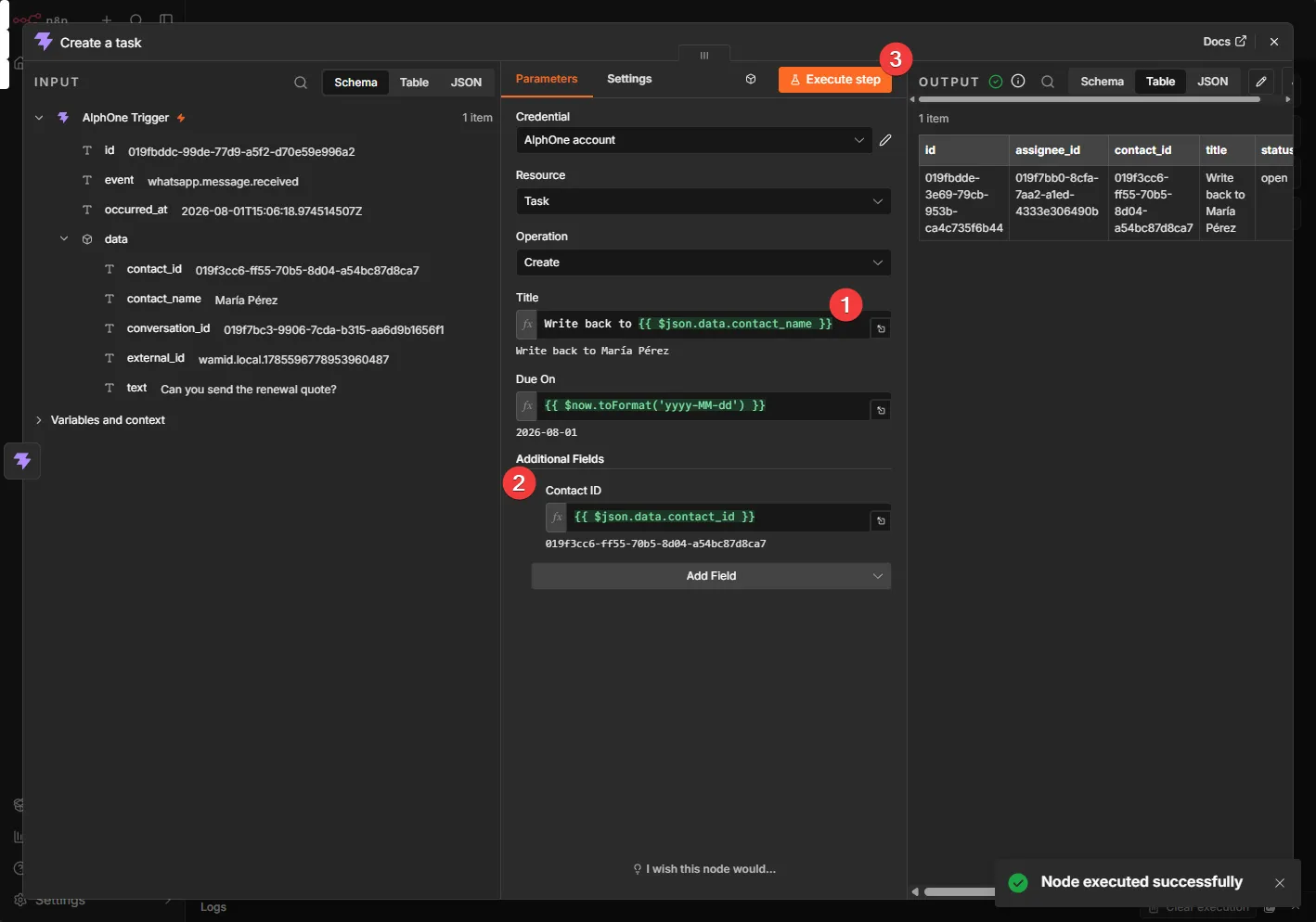 The Create a task node with its title and contact id expressions resolved, and the output showing the created task with a Node executed successfully message.