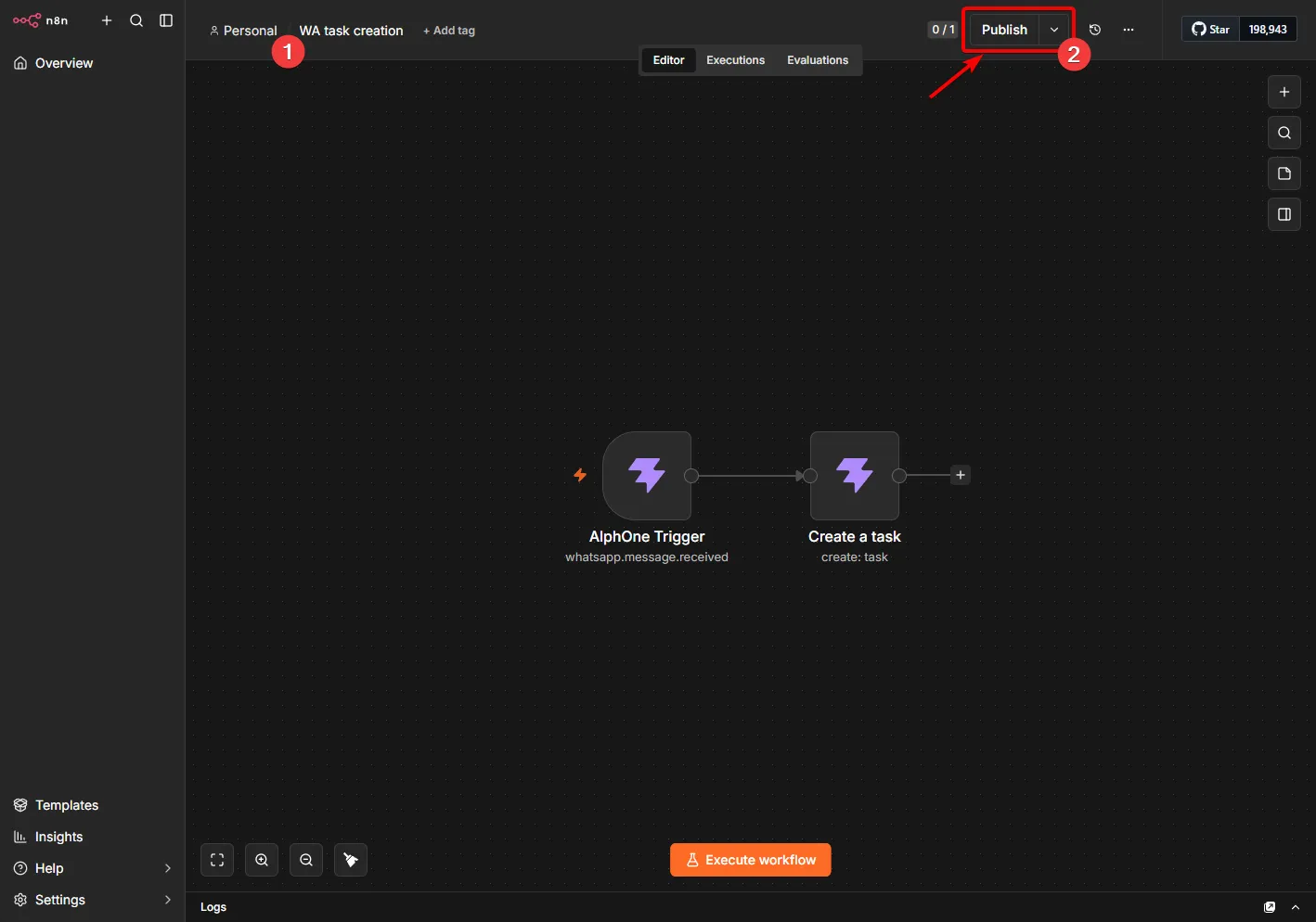 The finished workflow with the trigger and the task node connected, and the Publish button highlighted.