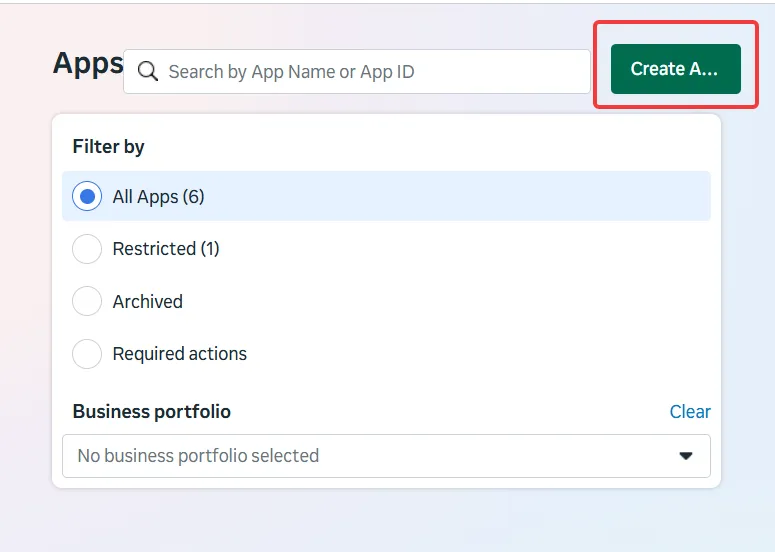 The Meta Apps page with the Create App button highlighted.