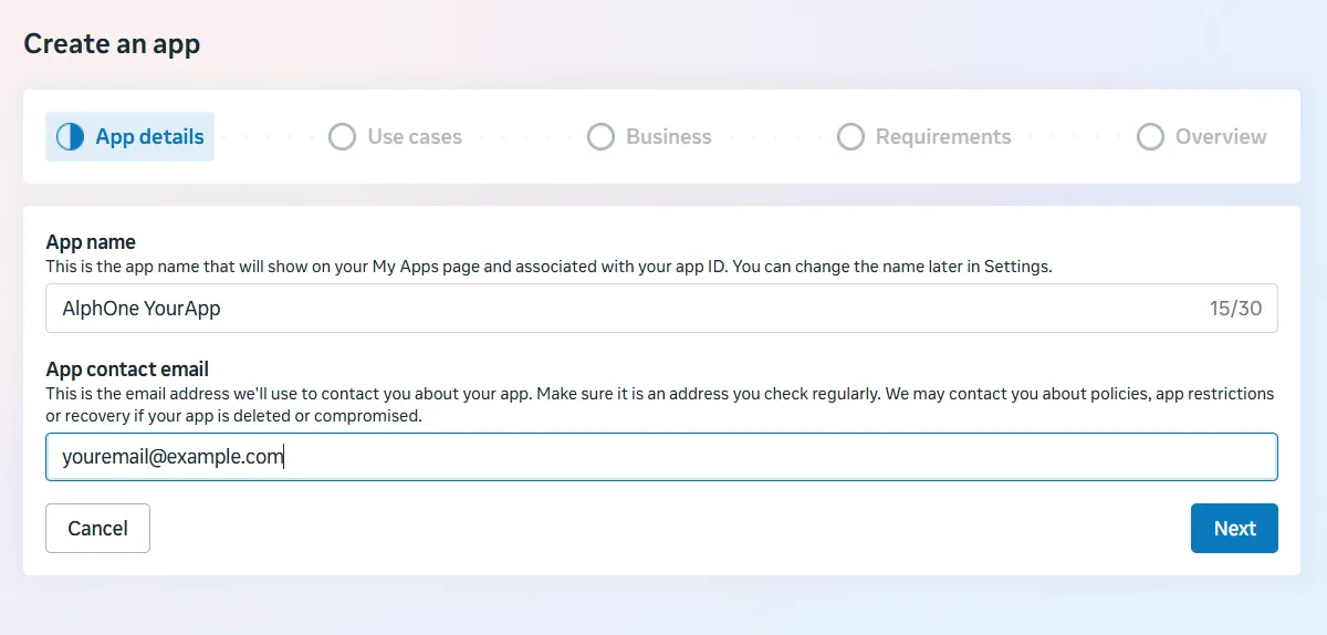 The Create an app wizard on the App details step, with an app name and contact email filled in.