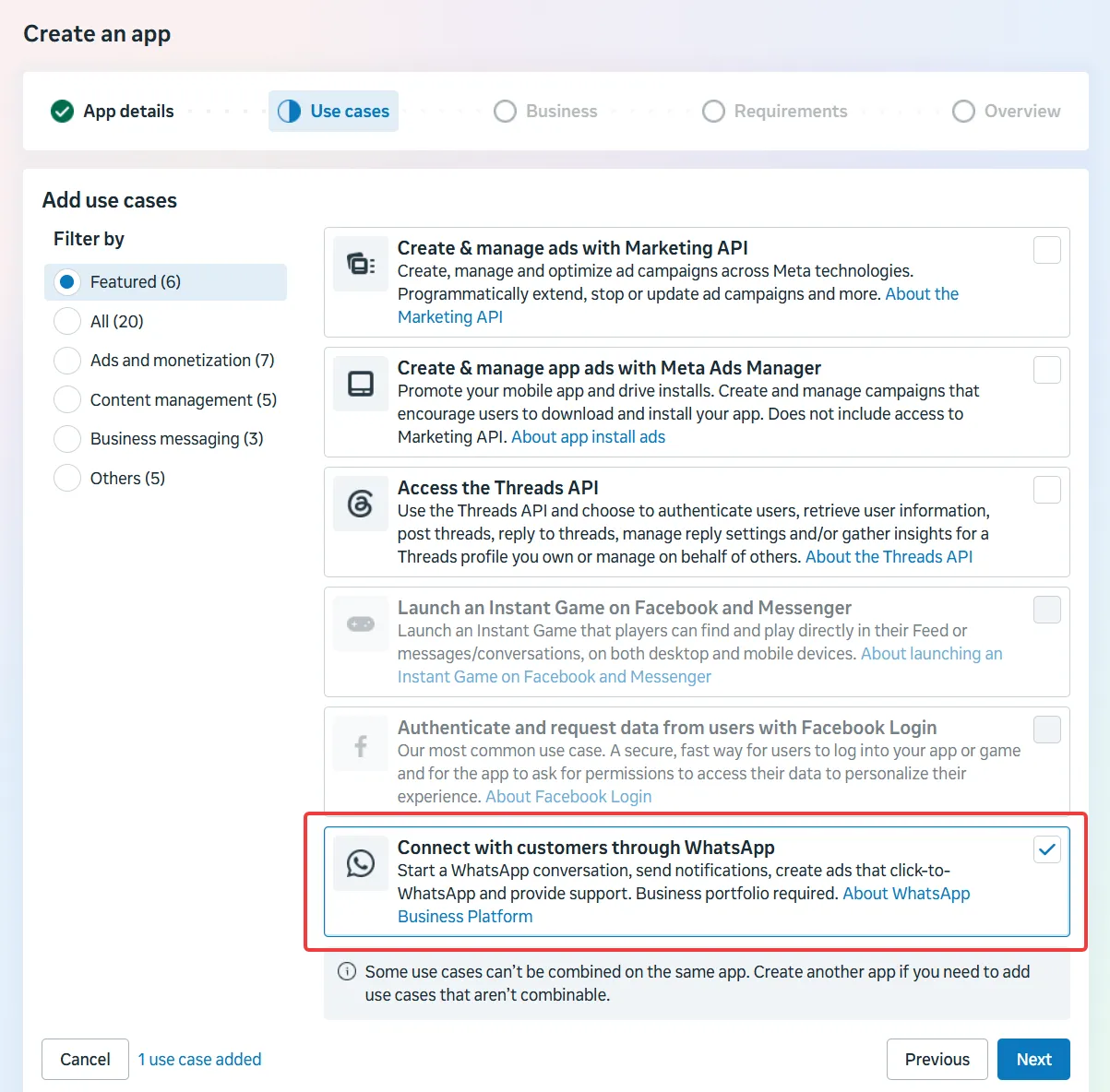 The Use cases step with the WhatsApp use case checked at the bottom of the list.