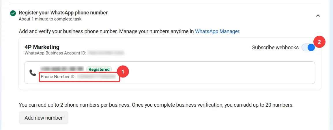 The registered production phone number with its Phone Number ID highlighted and the Subscribe webhooks toggle enabled.