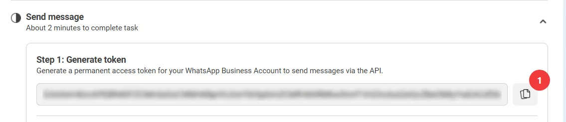 The Send message panel with the permanent access token generated and its copy button highlighted.