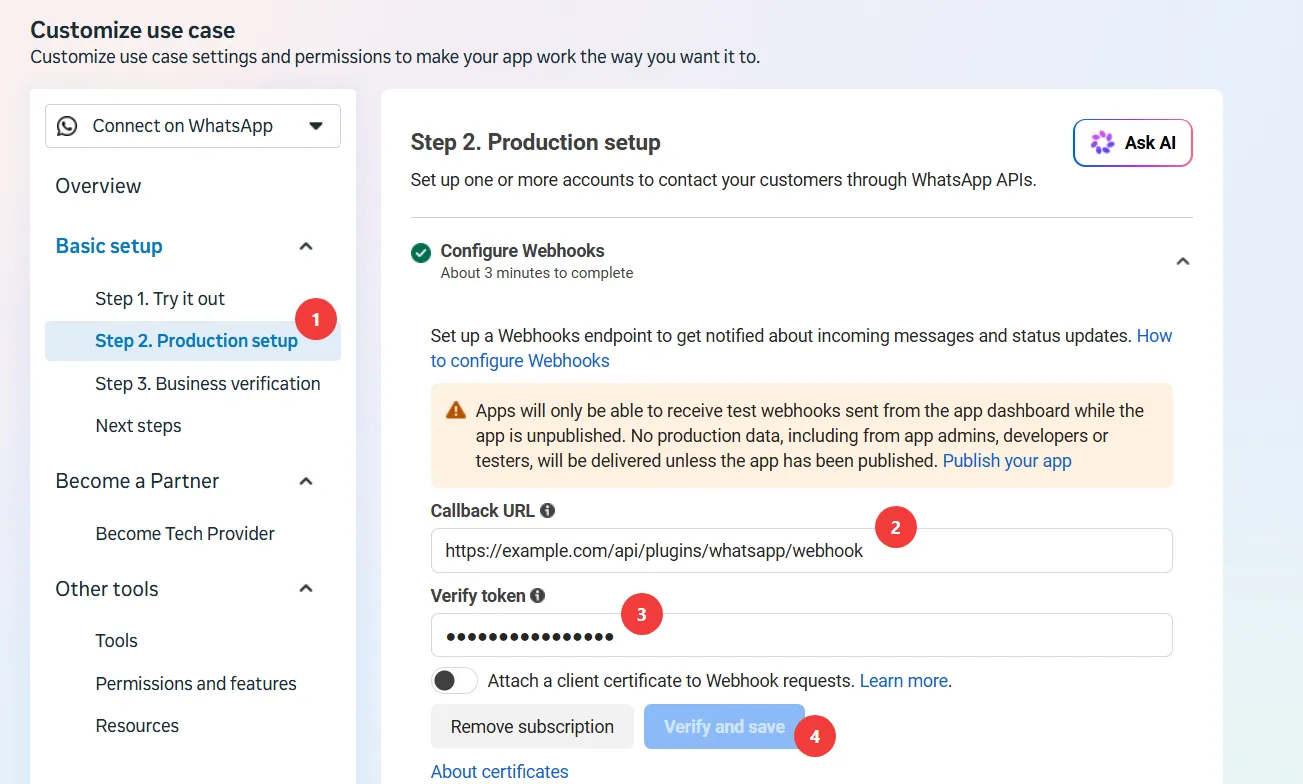 The Configure Webhooks panel with the Callback URL and Verify token fields and the Verify and save button, numbered one to four.