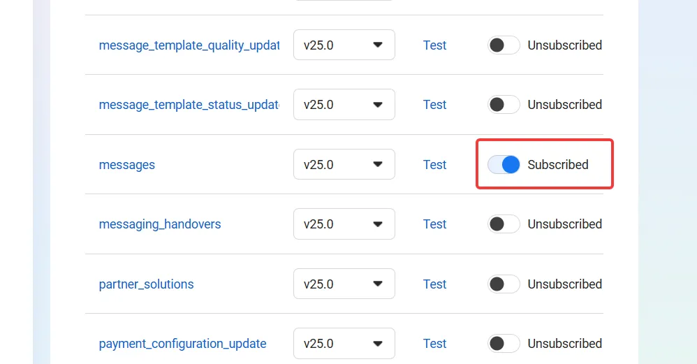 The webhook fields table with the messages field toggled to Subscribed.