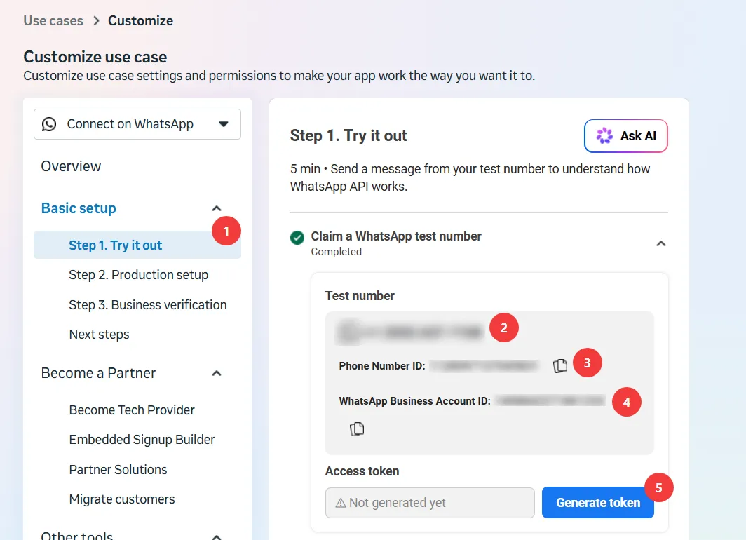 The Try it out step showing the claimed test number, its Phone Number ID, the WhatsApp Business Account ID, and the Generate token button, numbered one to five.