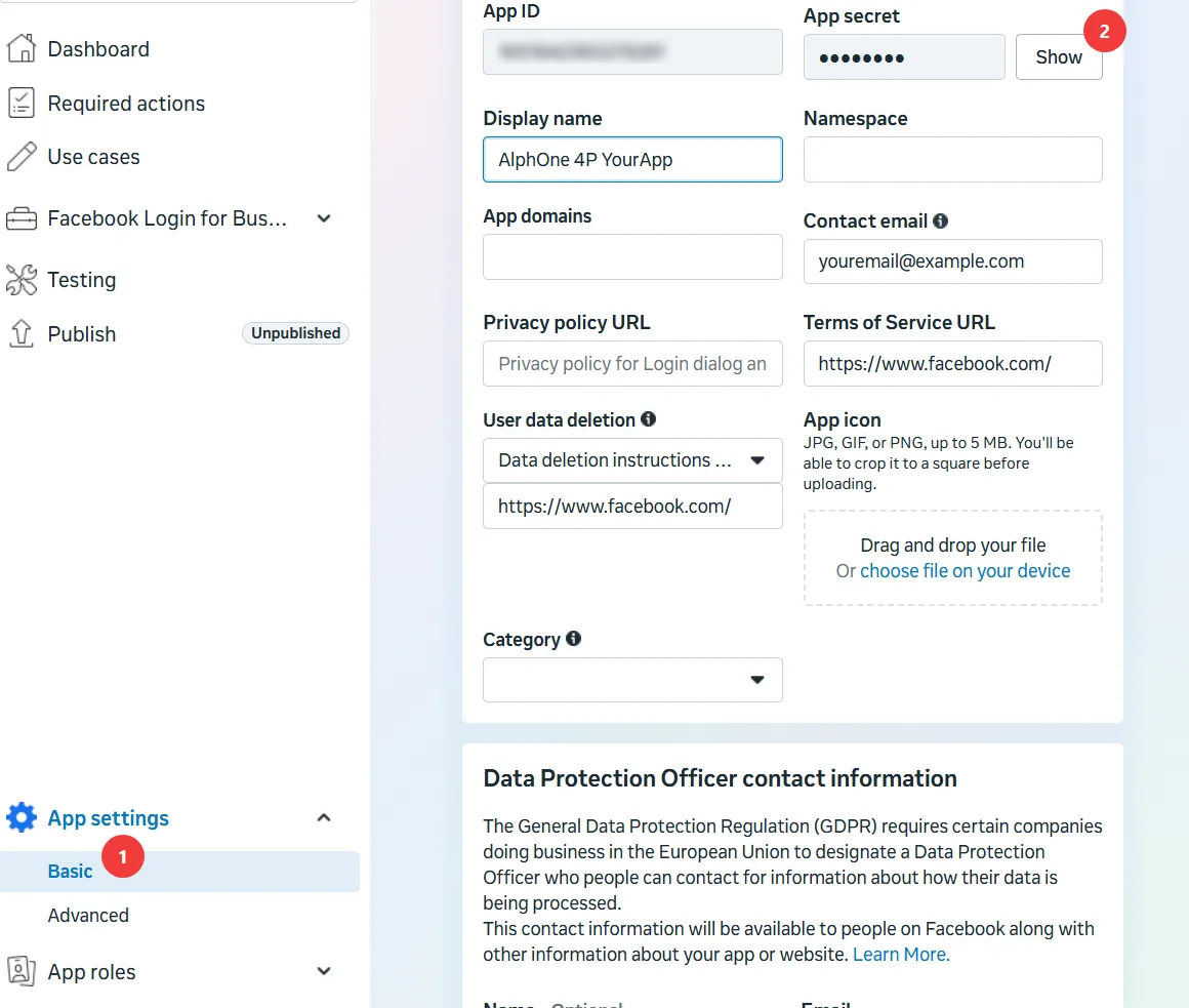 The App settings Basic page with the App secret field and its Show button highlighted.